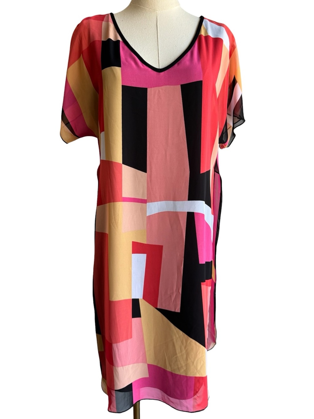 Joseph Ribkoff Geometric Cocktail Dress Sz 4 Flowy Sheer Overlay Shift Party